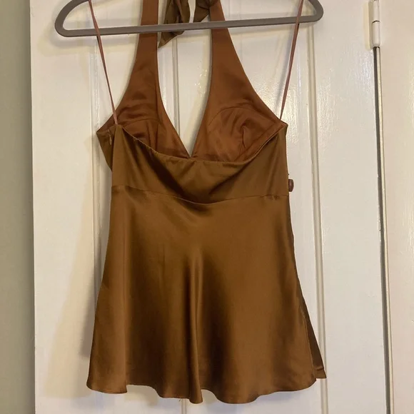 Y2K Brown Silk Halter Tank Top- Beaded, Vintage - Picture 3 of 8